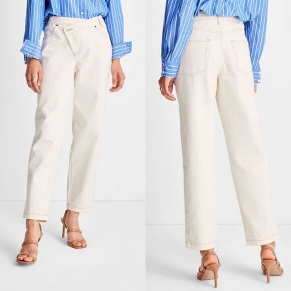 Future Collective Kahlana Brown High Rise Overlap Waist Straight Leg Jeans 4 - Picture 1 of 8